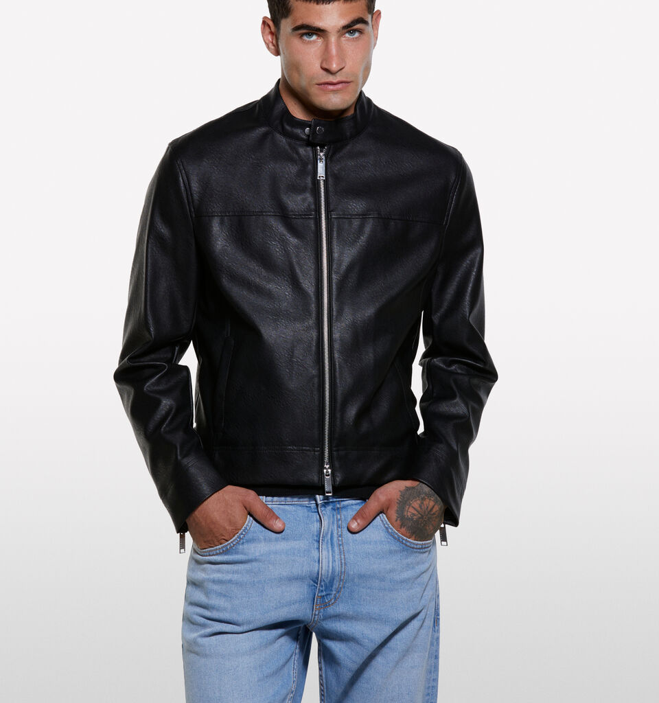 Black slim fit biker jacket - men's jackets and coats - Black | Sisley image number 3